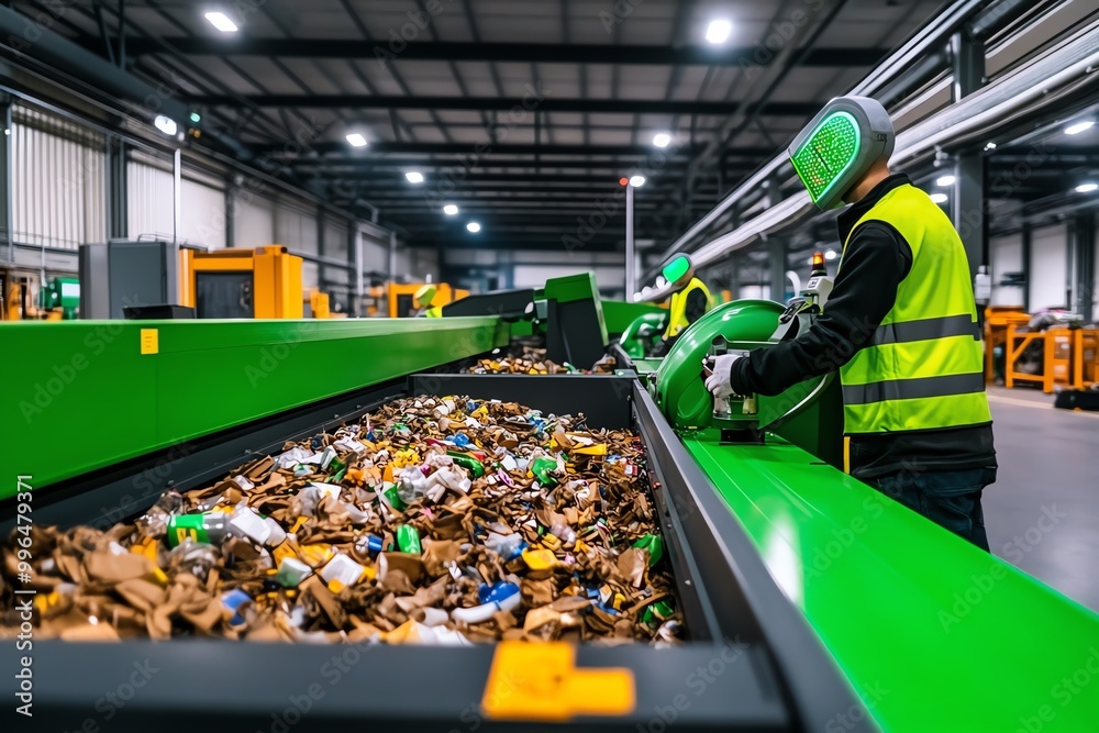 Poster A high-tech recycling center sorting materials using AI and robotics, part of a sustainable waste management system driven by green technology