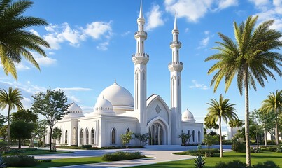 Majestic White Mosque with Two Minarets and Palm Trees