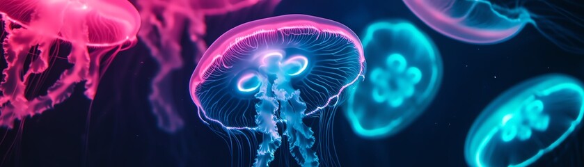 Fototapeta premium Colorful glowing jellyfish swimming in a dark aquarium, showcasing vibrant blue and pink hues in an ethereal underwater setting.