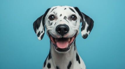 Spirited Dalmatian happy head portrait on a liteblue background in the studio