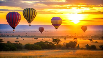 Obraz premium Safari hot air balloon flying above vast savanna plain rolling into the distance a National Park at purple light dawn. Tourists traveling in air over African wilderness at sunrise