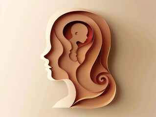 A woman's head with a baby inside of it. Paper cut style art. 