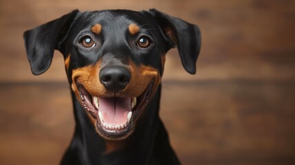 Gentle Doberman Pinscher happy head portrait on a brown background in the studio