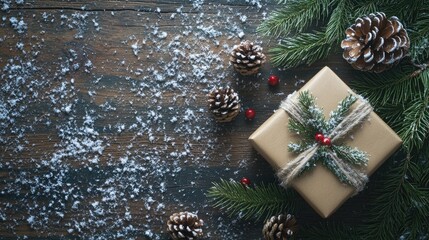Fototapeta premium Christmas themed background featuring a gift box fir tree and conifer cone on a rustic wooden surface with a snow effect Flat lay composition
