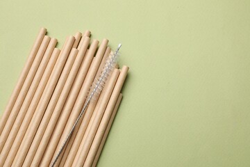 Bamboo drinking straws and cleaning brush on green background, top view. Space for text