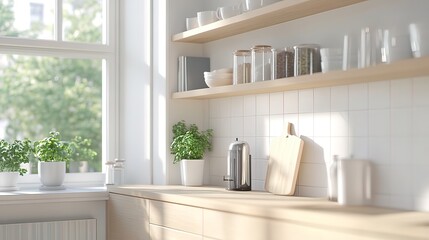 Minimalist Kitchen Interior with Wooden Shelves and Sunlight