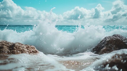 Obraz premium Stunning view of ocean waves crashing onto rocks under a cloudy sky, capturing the raw natural beauty and power of the sea.