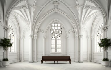 Obraz premium A serene view of a cathedral's Gothic architecture featuring white arched ceilings and intricate details, creating a sense of peace and grandeur.