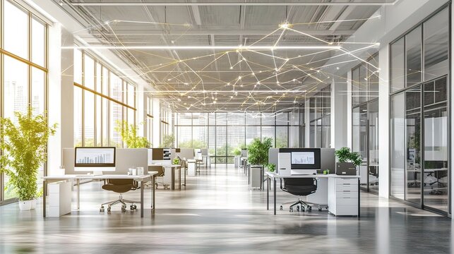 Fototapeta Modern Office Interior with Network Visualization