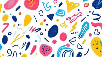 Playful abstract pattern with doodles, squiggles, and colorful shapes on a white background.