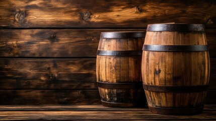 Fototapeta premium Two wooden barrels set against a rustic wooden backdrop in a wine cellar