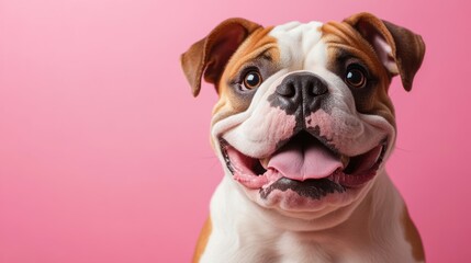 Obraz premium Energetic Bulldog happy head portrait on a pink background in the studio