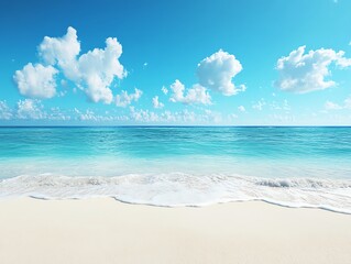 Fototapeta premium Breathtaking view of a sandy beach with calm turquoise ocean and clear blue sky adorned with fluffy white clouds.