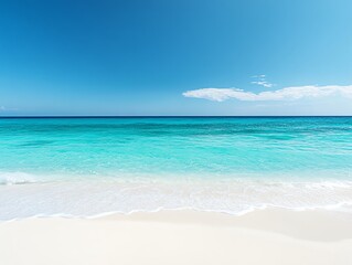 Fototapeta premium Pristine tropical beach with clear blue sky and turquoise water, perfect for relaxation and vacation getaway.