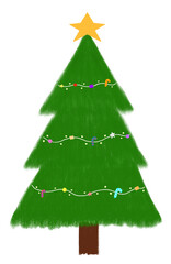 Illustration of a colorful Christmas tree decorated with yellow stars on top.