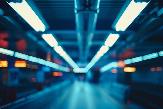 Tilt the camera upwards towards the fluorescent lights flickering overhead, creating a sense of unease and instability. , background blur