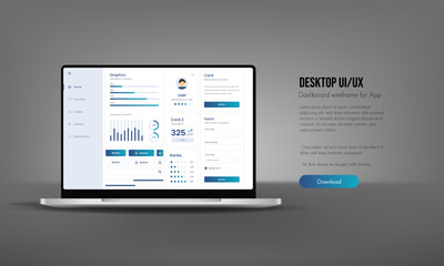 User interface of an analysis panel on a laptop. UX UI design. Dashboard usability laptop on electronic devices. Charts and tables for efficient data management and monitoring.