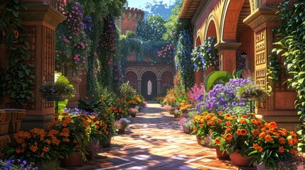 Naklejka premium A vibrant garden path adorned with blooming flowers, lush greenery, and architectural arches, creating a serene and picturesque outdoor space.