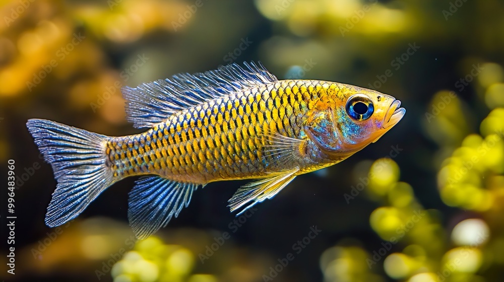 Wall mural Close-Up of a Vibrant Yellow and Blue Fish in an Aquarium