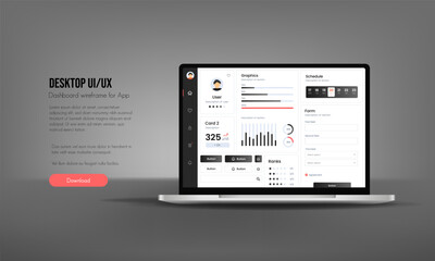User interface of an analysis panel on a laptop. UX UI design. Dashboard usability laptop on electronic devices. Charts and tables for efficient data management and monitoring.