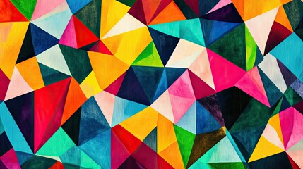 Obraz premium Vibrant geometric abstract pattern with colorful triangles and shapes, perfect for a bold and dynamic design.