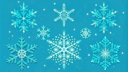 Snowflakes on a vibrant blue background, diverse shapes for winter Christmas themed designs.