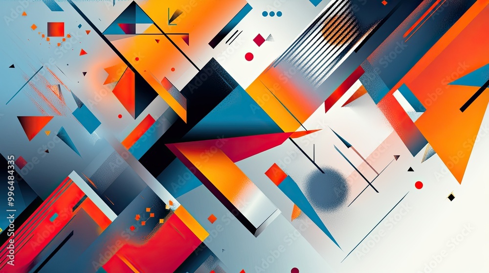 Poster vibrant geometric abstract pattern with colorful triangles and shapes, creating a dynamic and modern