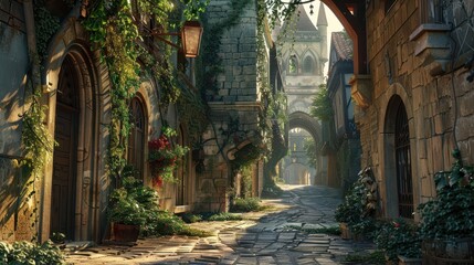 A charming, overgrown alleyway with ivy-clad stone buildings and vintage lanterns, suggesting a peaceful, historic ambiance.