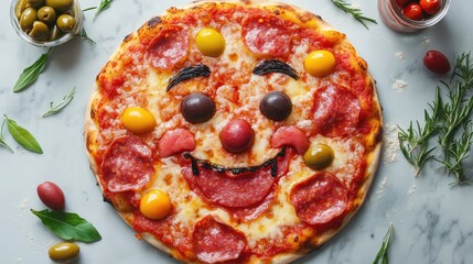 A pizza featuring a playful face crafted from meat and olives