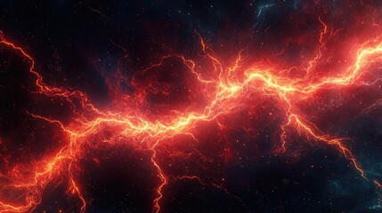 Red lightning bolts flash across a dark sky-like abstract background, emitting an intense glow of energy.