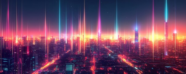 Futuristic neon cityscape illuminated by vibrant neon lights and high-rise buildings, creating a dynamic and electrifying atmosphere.