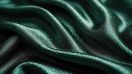 Obraz premium Stylish background of draped dark green fabric featuring silver lurex threads A beautiful glossy fabric perfect for creating fashionable clothing Textile texture close up
