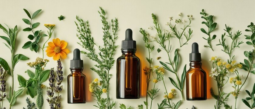 Minimalist background showcasing a variety of essential oils, tinctures, and botanical extracts