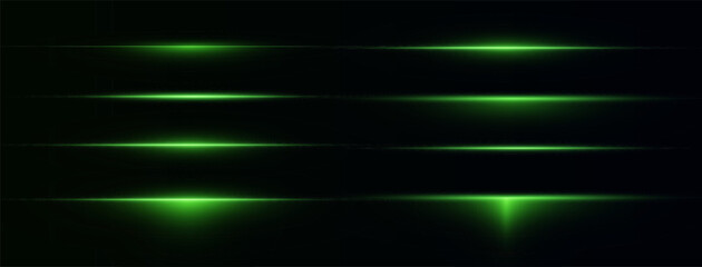 Laser lines of light. Horizontal neon light. Neon green horizontal speed lines. Glowing stripes. Laser beams. light lines of movement and speed in neon color.Beautiful flash of light and sparks.