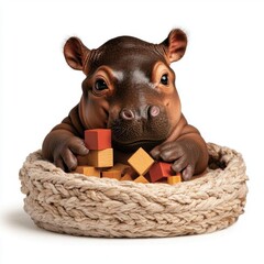 Baby hippo playing with building blocks in a playful pose white background