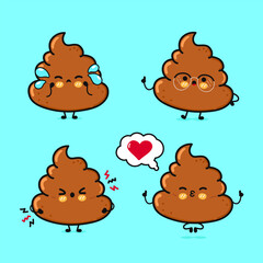 Funny cute happy Turd characters bundle set. Vector hand drawn doodle style cartoon character illustration. Isolated on blue background. Turd mascot character collection