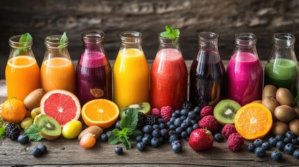 Vibrant fresh juices and smoothies displayed on a wooden table accompanied by various fruits