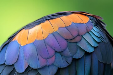 Obraz premium 色とりどりの羽を持つ鳥の一部が緑の背景に映えている様子を捉えた瞬間