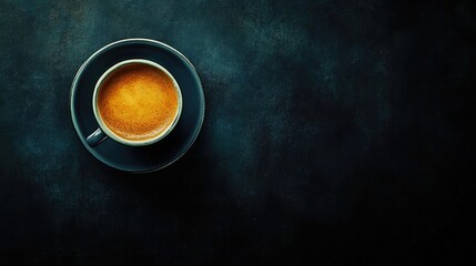 Overhead view of a cappuccino in a cup on a dark background featuring a minimalist design and ample space for text Toned image