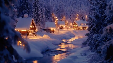 A charming winter village features warm lights shining through snow covered trees complemented by a peaceful stream meandering through the landscape