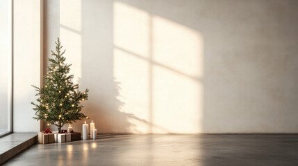 Fototapeta premium Minimalist interior featuring a small Christmas tree and candles Ample copy space for personalized text