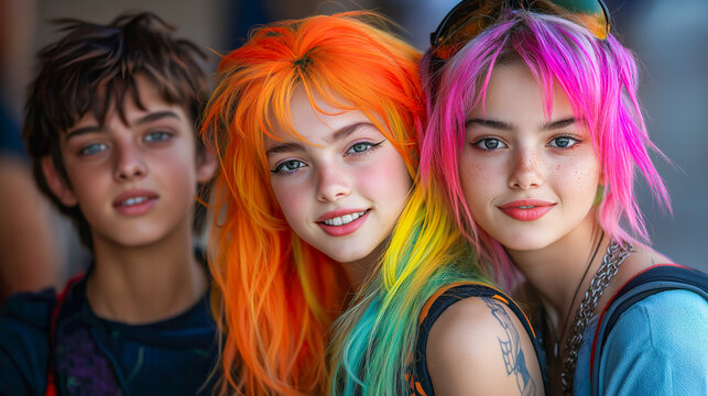 Teenagers young girls with trendy crazy neon-colored hair standing . Edgy outfits, bold makeup, alternative street style . E-girl, punk style, emo goth style.