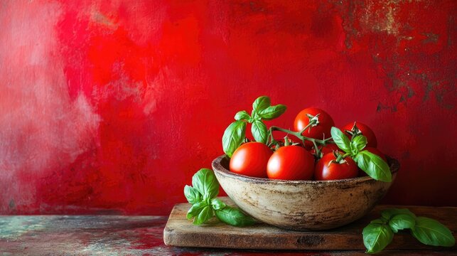 Fresh tomatoes in a bowl on a rustic table surrounded by vibrant red backgrounds healthy vegetables and ripe basil leaves on a weathered board