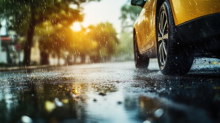 Autumn Spring travel concept highlighting driving safety Close up view of car wheels with rain tires on a wet road during daylight emphasizing danger and traffic law awareness