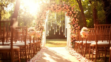 This image was generated by AI and shows a beautiful wedding ceremony decoration in the garden