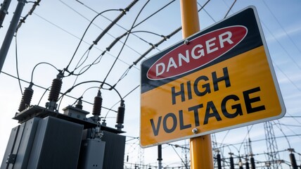 Obraz premium Danger High Voltage Sign at Electrical Substation