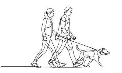  Line Drawing of Couple Walking Dog  Line Art Illustration for Lifestyle and Pets 
