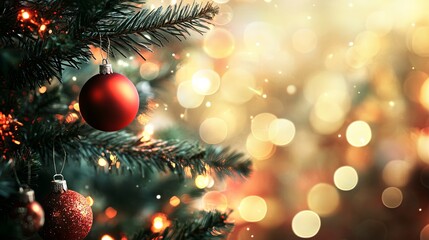 Christmas Tree with Red Ornaments and Festive Lights