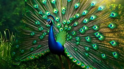 Obraz premium Majestic Peacock Displaying Its Vibrant Tail Feathers