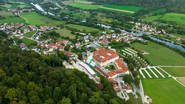 Aerial view Germany, Bavaria, Berching, Plankstetten with Benedictine Abbey
